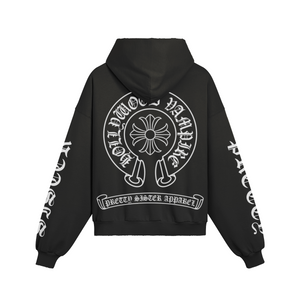 The Hollywood Vampire Monochrome Logo Unisex Sun Faded Distressed Pocket Hoodie